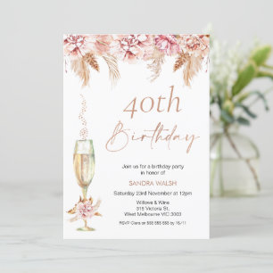 Invitación Boho Pampas Cumpleaños de Floral Champagne Glass 