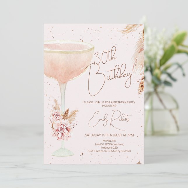Invitación Boho Pampas Cumpleaños de la Floral y el Vidrio (Anverso de pie)
