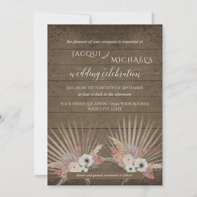 Invitación BOHO Pampas de madera rústica Grass Tropical Palm  (Anverso)
