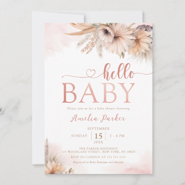 Invitación Boho Pampas Desierto floral de hierba Hola Baby Sh (Anverso)