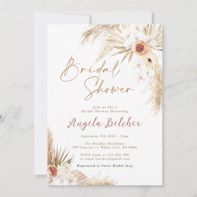 Invitación Boho pampas Ducha de Novias Grass (Anverso)
