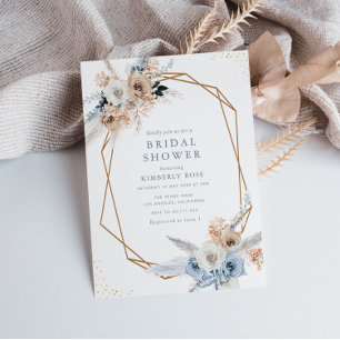 Invitación boho pampas dusty floral azul ducha de novia