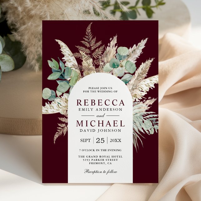 Invitación Boho Pampas Eucalyptus Arch Burgundy Wedding (Subido por el creador)