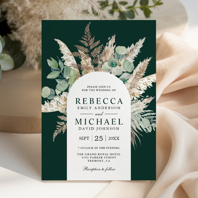 Invitación Boho Pampas Eucalyptus Arch Emerald Green Wedding (Subido por el creador)