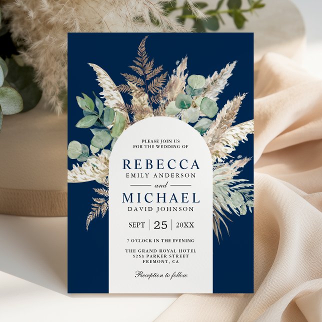 Invitación Boho Pampas Eucalyptus Arch Navy Blue Wedding (Subido por el creador)