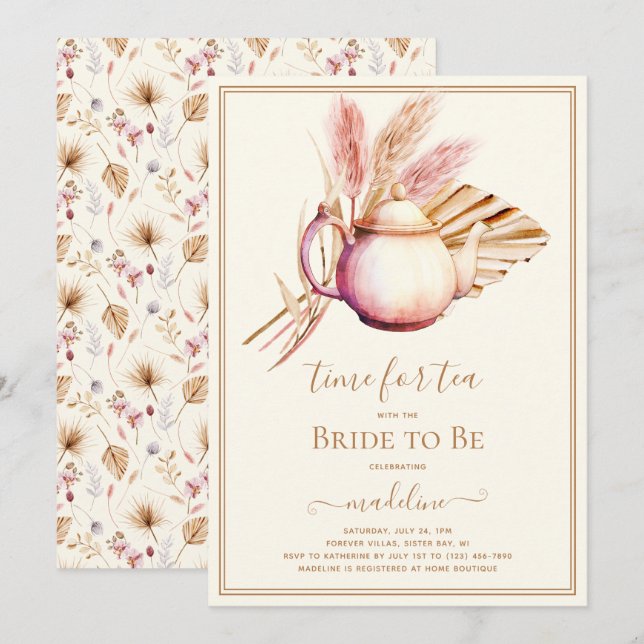Invitación Boho Pampas Fiesta de té de hierba ducha de novia (Anverso / Reverso)