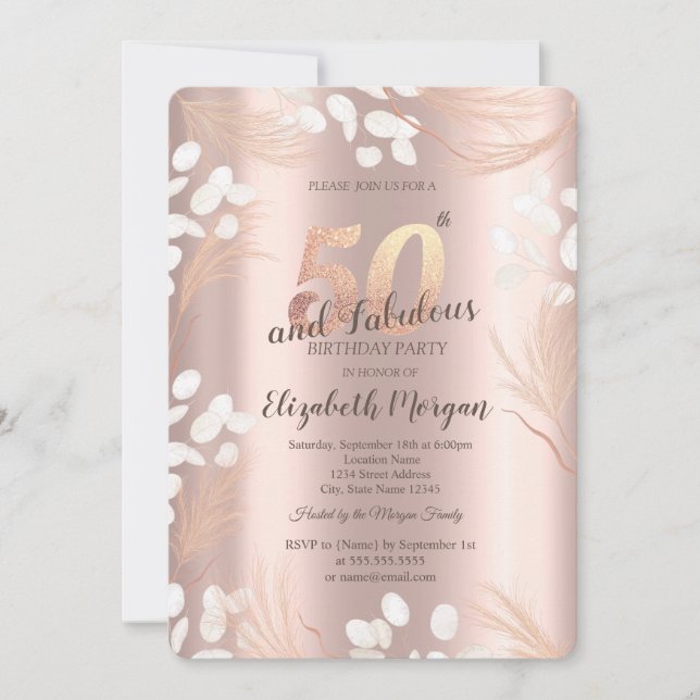 Invitación Boho Pampas Flores Rosa Oro 50 cumpleaños (Anverso)
