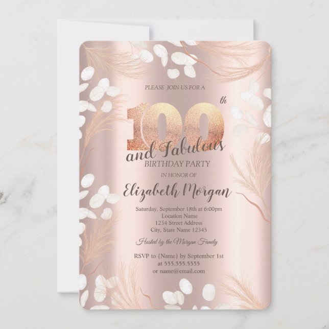 Invitación Boho Pampas Flores Subió oro 100 cumpleaños (Anverso)