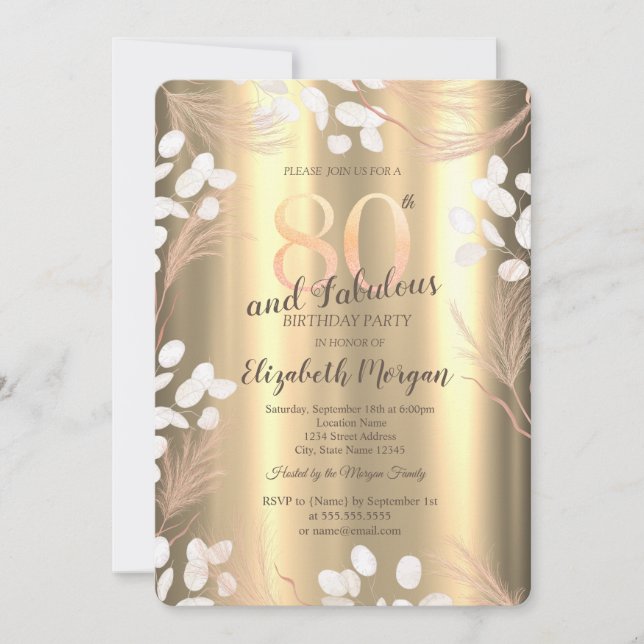 Invitación Boho Pampas Flowers Gold 80th Birthday  (Anverso)