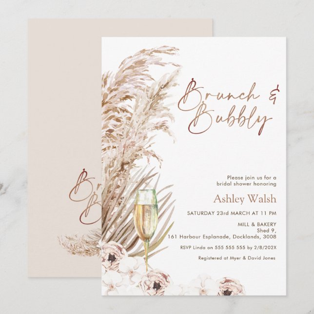 Invitación Boho Pampas Glass Brunch Bubbly Bridal Shower (Anverso / Reverso)