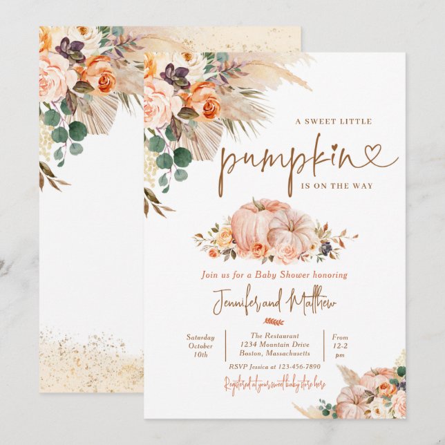 Invitación Boho Pampas Grasa Caída Floral Calabaza Baby Showe (Anverso / Reverso)