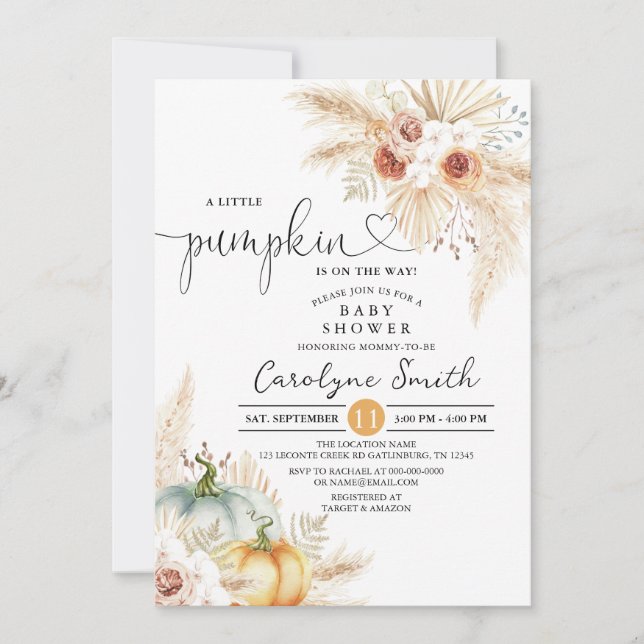 Invitación Boho Pampas Grasa Pequeña Calabaza Baby Shower (Anverso)