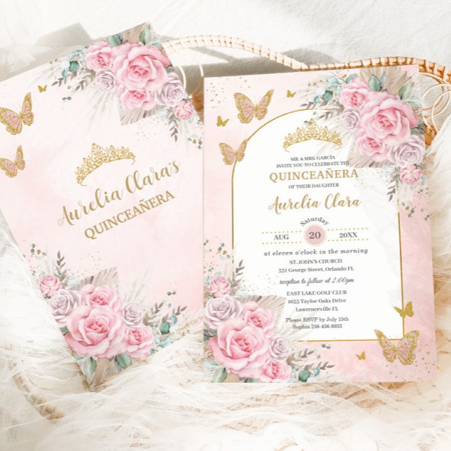 Invitación Boho Pampas Grasa Rosa Rosa Floral Quinceañera (Subido por el creador)