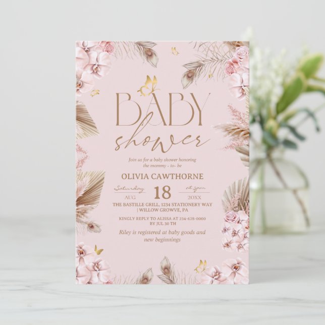 Invitación  Boho Pampas Grass Baby Shower (Anverso de pie)