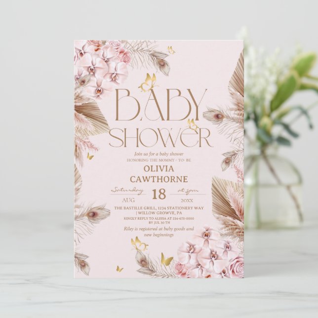 Invitación  Boho Pampas Grass  Baby Shower  (Anverso de pie)