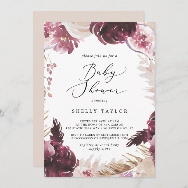 Invitación Boho Pampas Grass Baby Shower (Anverso / Reverso)