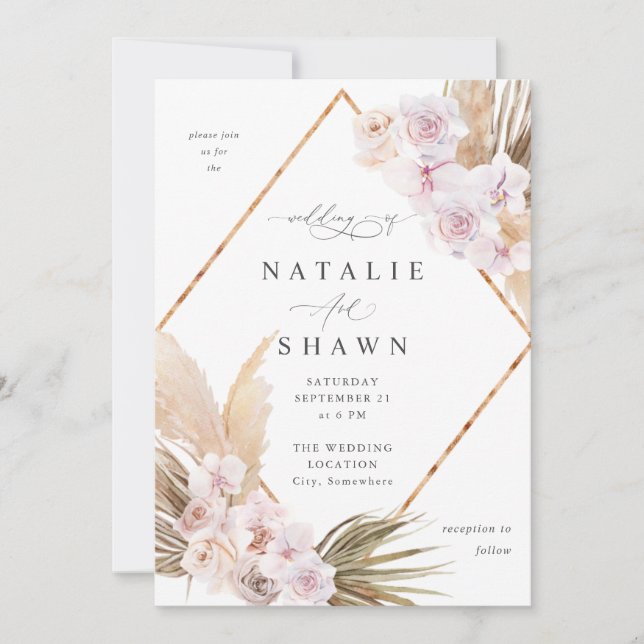 Invitación Boho Pampas Grass Beach Floral Boda 2 Gold (Anverso)