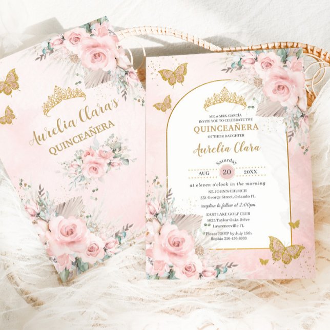 Invitación Boho Pampas Grass Besos Rosados Florales Quinceañe (Subido por el creador)