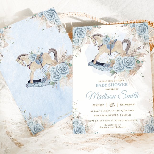 Invitación Boho Pampas Grass Blue Floral Rocke Horse Baby (Subido por el creador)