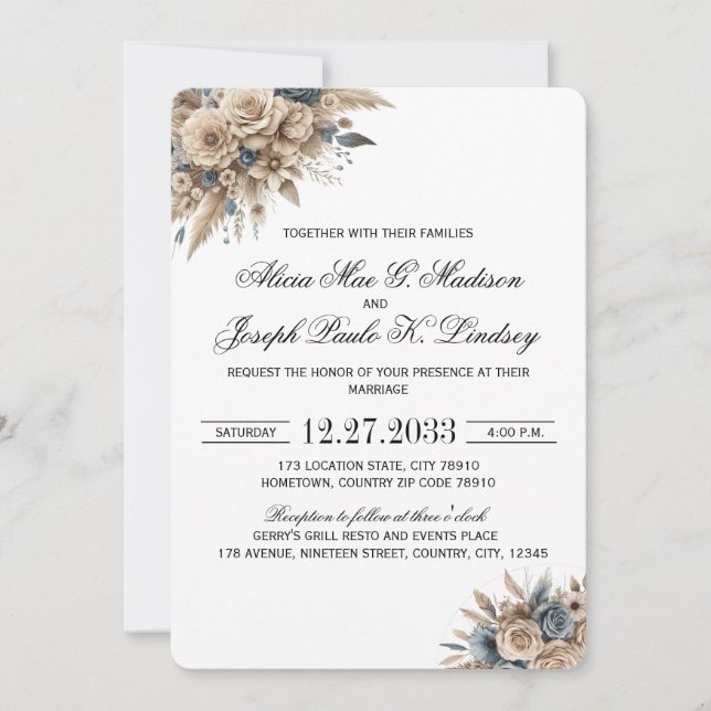 Invitación Boho Pampas Grass Blue Florals Elegant (Anverso)