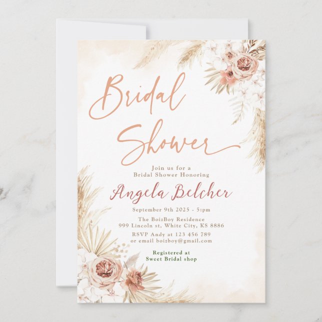 Invitación Boho Pampas Grass - Boho Bridal Shower (Anverso)