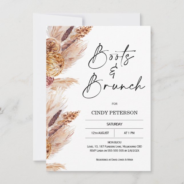 Invitación Boho Pampas Grass Boots Brunch Bridal Shower (Anverso)