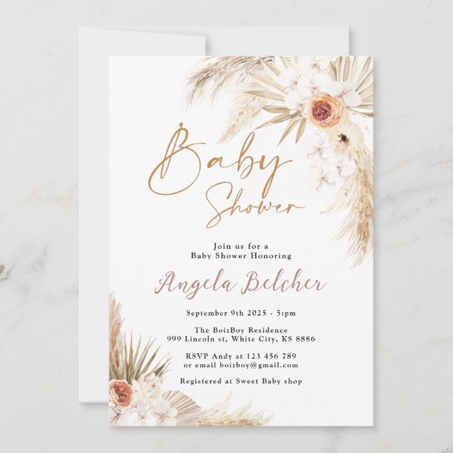 Invitación Boho pampas Grass Chica Baby Shower (Anverso)