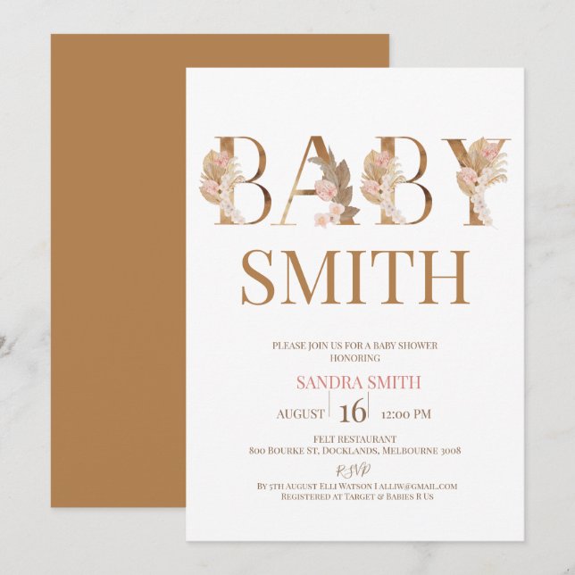 Invitación Boho Pampas Grass Chicas Baby Word Baby Shower (Anverso / Reverso)