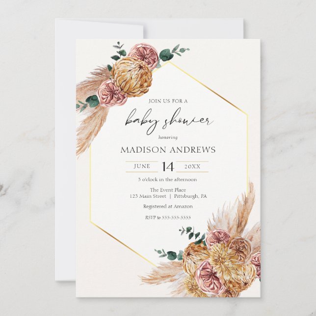 Invitación Boho Pampas Grass Dried Bouquet Baby Shower (Anverso)