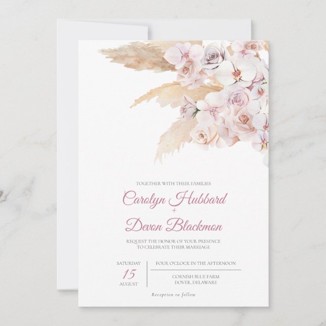 Invitación Boho Pampas Grass Dried Floral Rosa de Rubor Boda (Anverso)