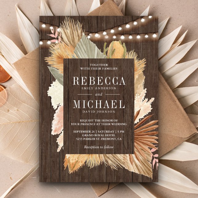 Invitación Boho Pampas Grass Dried Palm deja Boda de madera (Subido por el creador)