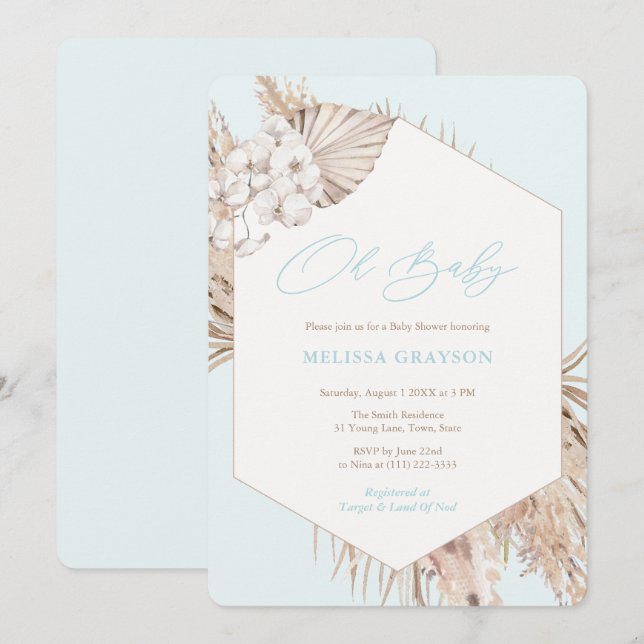 Invitación Boho Pampas Grass Dried Palms Boy Baby Shower (Anverso / Reverso)