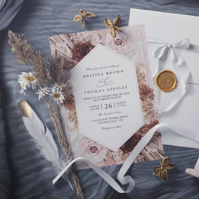 Invitación Boho Pampas Grass Dusty Floral QR Code Wedding (Subido por el creador)