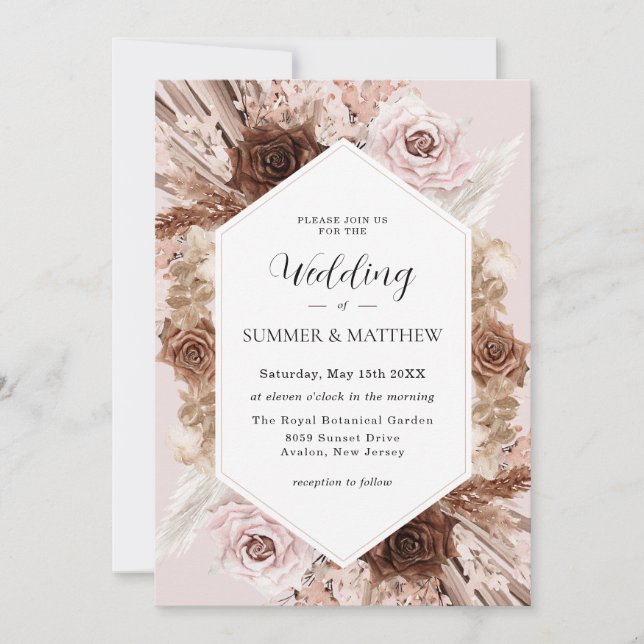 Invitación Boho Pampas Grass Dusty Pink Brown Floral Boda (Anverso)