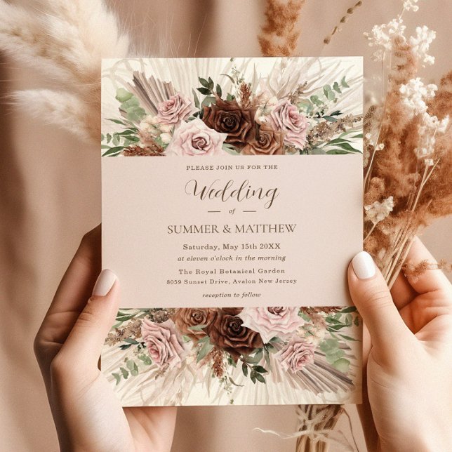 Invitación Boho Pampas Grass Dusty Pink Brown Floral Boda (Subido por el creador)