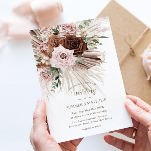 Invitación Boho Pampas Grass Dusty Pink Brown Floral Boda (Subido por el creador)