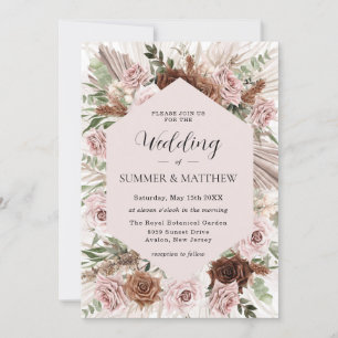 Invitación Boho Pampas Grass Dusty Pink Brown Floral Boda