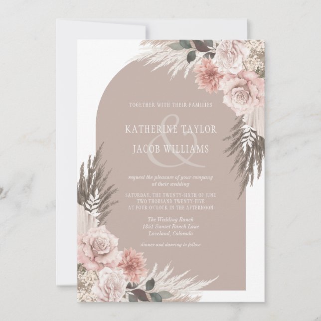 Invitación Boho Pampas Grass Earth Tones Floral Boda (Anverso)