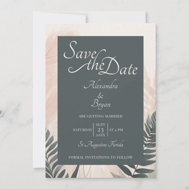 Invitación Boho Pampas Grass & Fern Wedding Salva la fecha (Anverso)