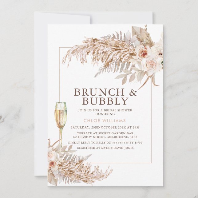 Invitación Boho Pampas Grass Floral Champagne Bridal Shower (Anverso)