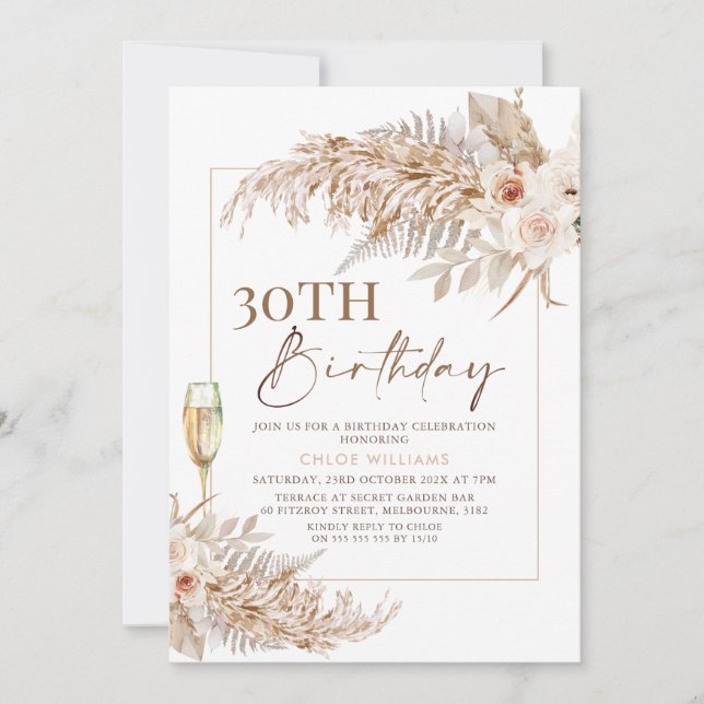 Invitación Boho Pampas Grass Floral Champagne Cumpleaños (Anverso)