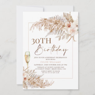 Invitación Boho Pampas Grass Floral Champagne Cumpleaños