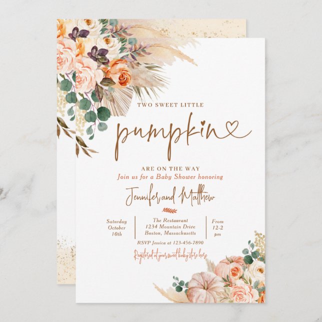 Invitación Boho Pampas Grass Floral Twin Pumpkin Baby Shower (Anverso / Reverso)