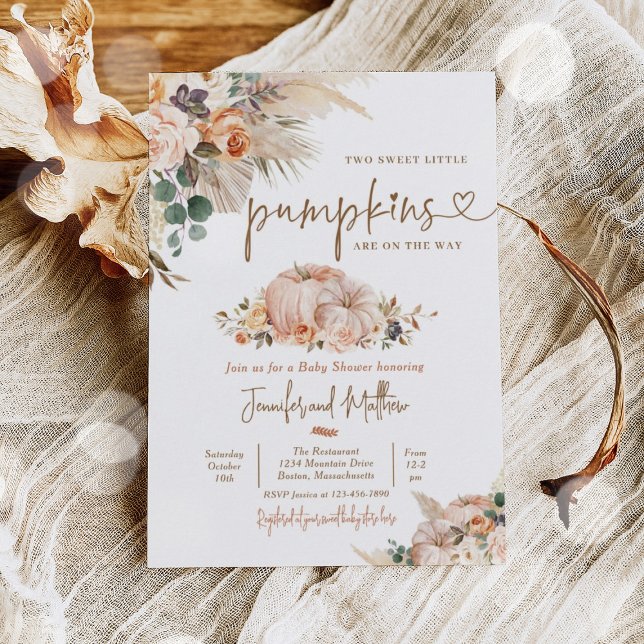 Invitación Boho Pampas Grass Floral Twin Pumpkin Baby Shower (Subido por el creador)