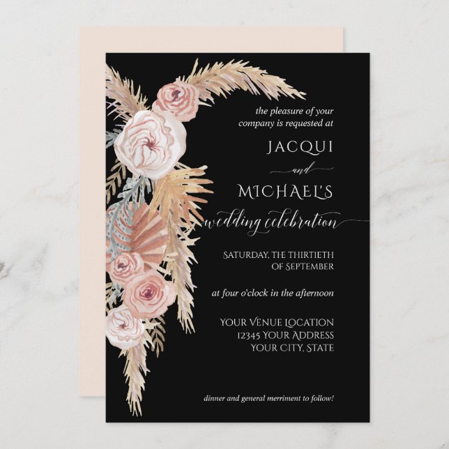 Invitación BOHO Pampas Grass Foliage Black Rubor Brown Floral (Anverso / Reverso)