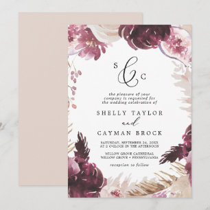 Invitación Boho Pampas Grass Formal Monograma Boda