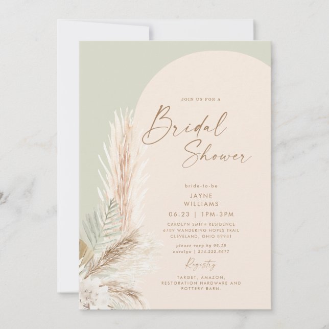 Invitación Boho Pampas Grass Gold Geometric Sage Bridal (Anverso)