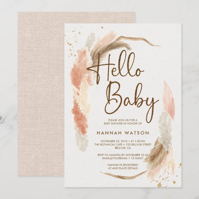 Invitación Boho Pampas Grass Hello Baby Shower (Anverso / Reverso)