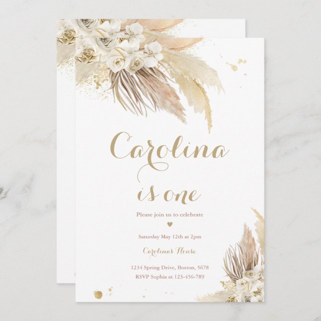 Invitación Boho Pampas Grass Inv. Fiesta bohemio de primer cu (Anverso / Reverso)