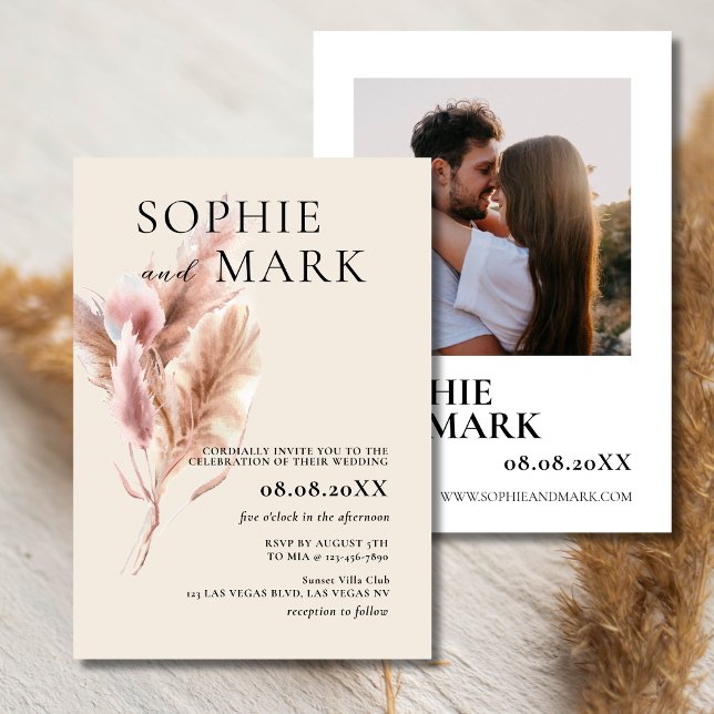 Invitación Boho Pampas Grass Minimalist With Photo (Subido por el creador)